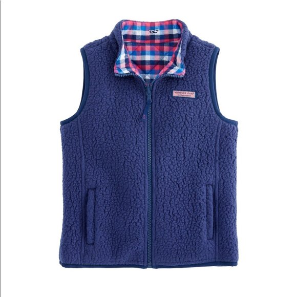 Vineyard Vines Reversible Sherpa Plaid Vest Blue - Picture 3 of 14